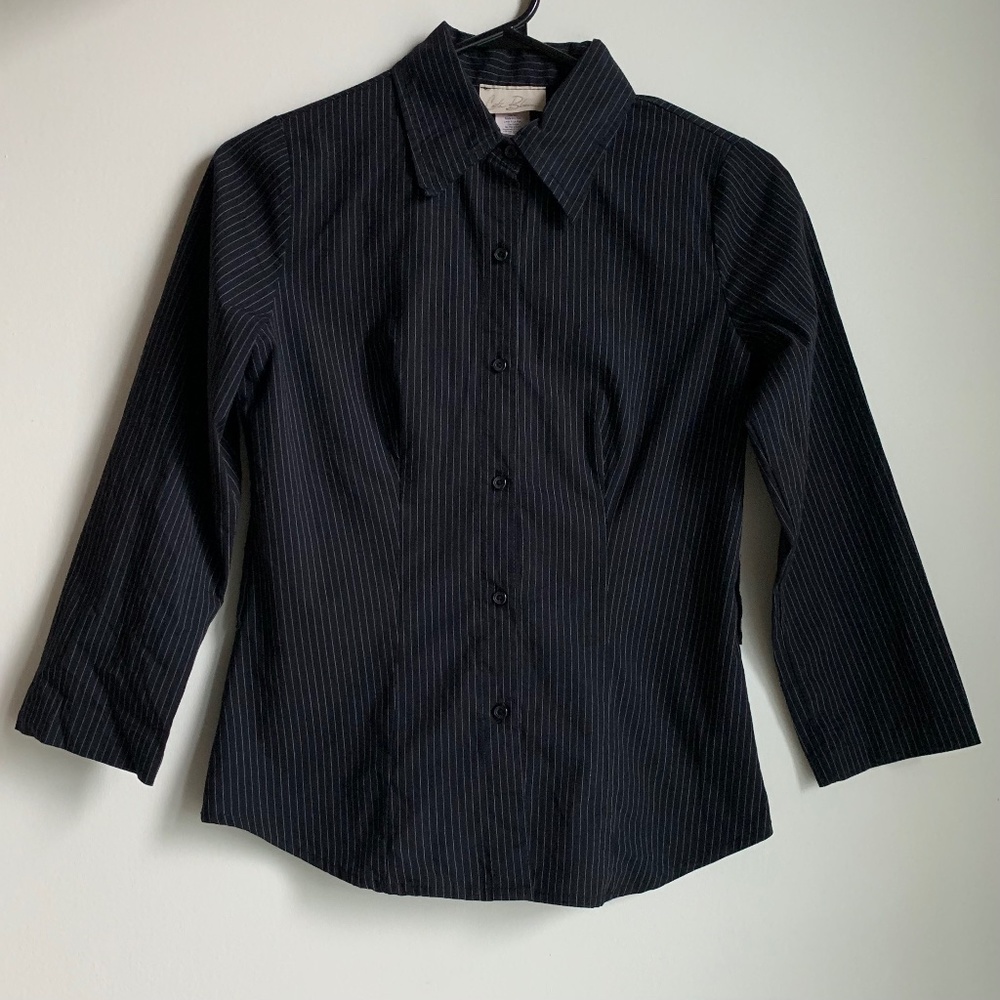 Costa Blanca Navy Dress Shirt W/ Vertical Stripes Size XS (EUC)